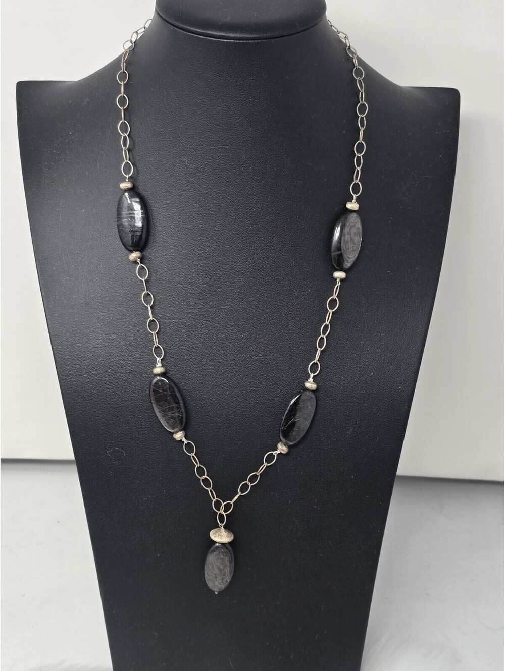 Sterling Silver Hypersthene Oval Station Drop Necklace